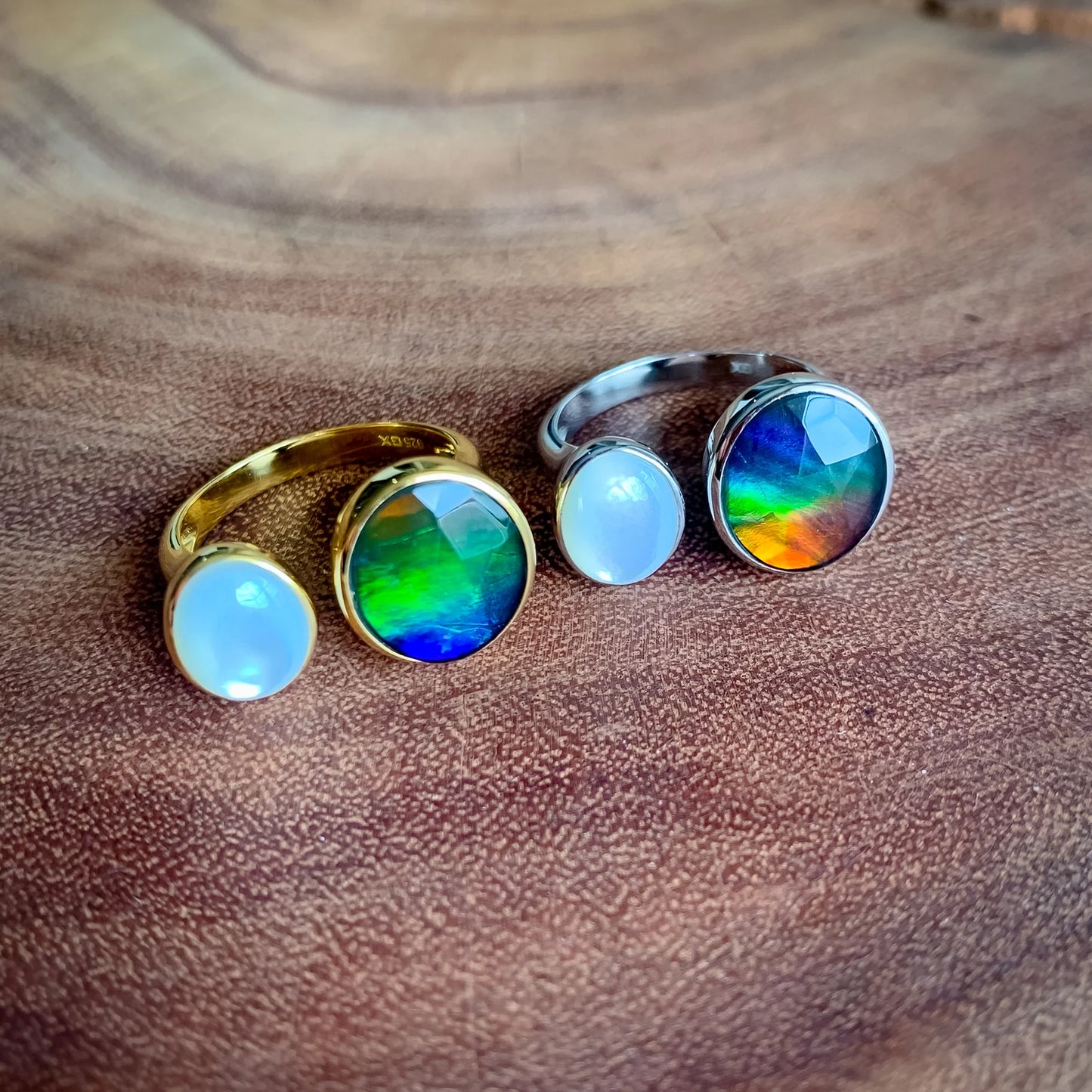 Canadian Ammolite Gems by Kenneth Bradley 'Amelia' Ring with Mother of Pearl Accent in 14k Yellow Gold