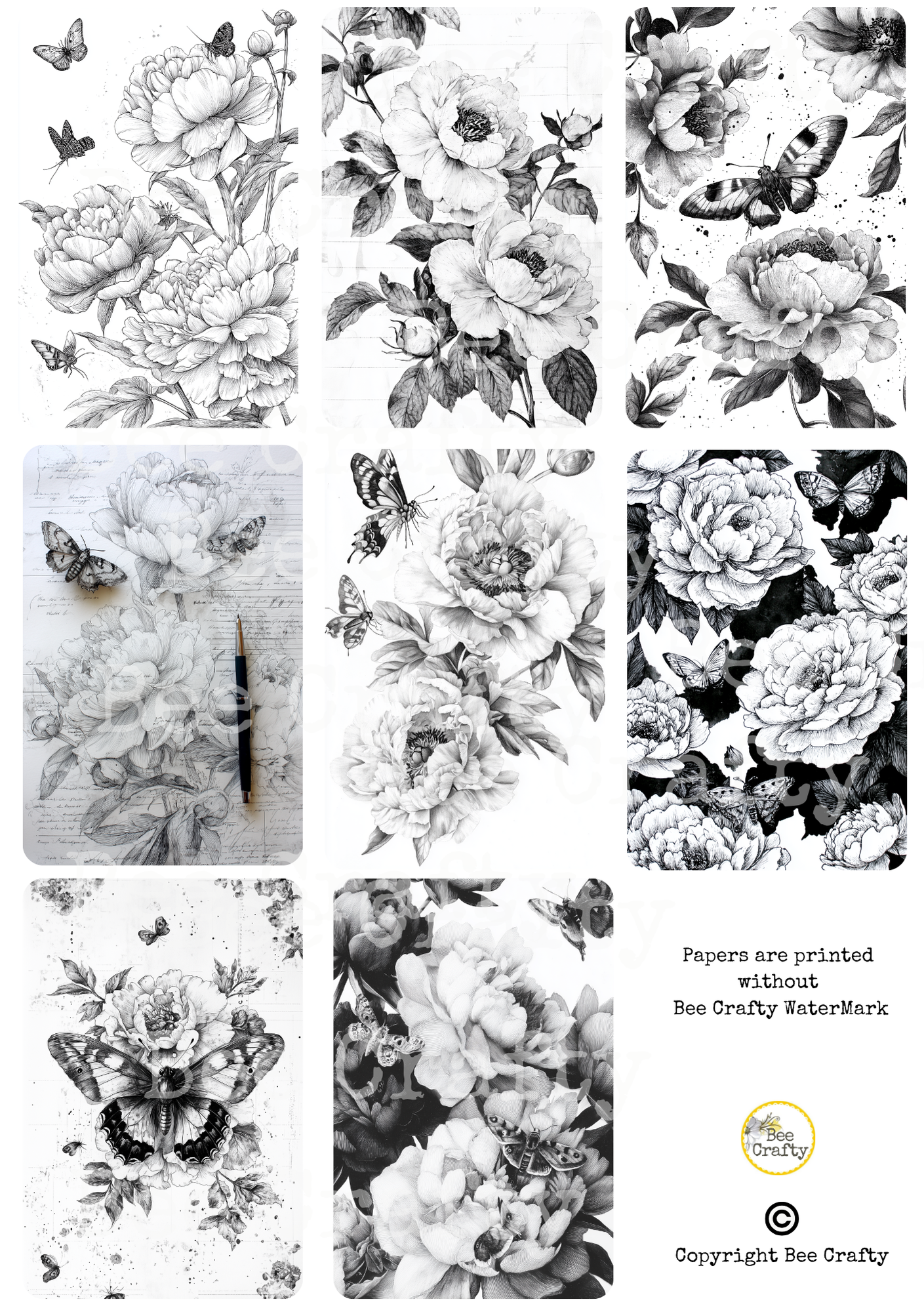 Bee Crafty Catalyst Collage A4 Papers - Moths & Peonies