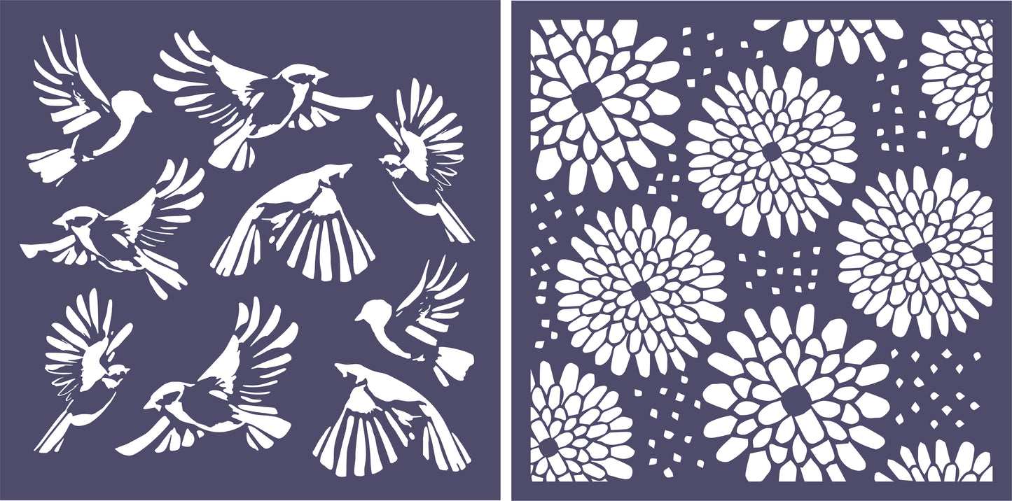 Funky Fossil Set of 2 8x8" Stencils - Brushstroke Birds and Bountiful