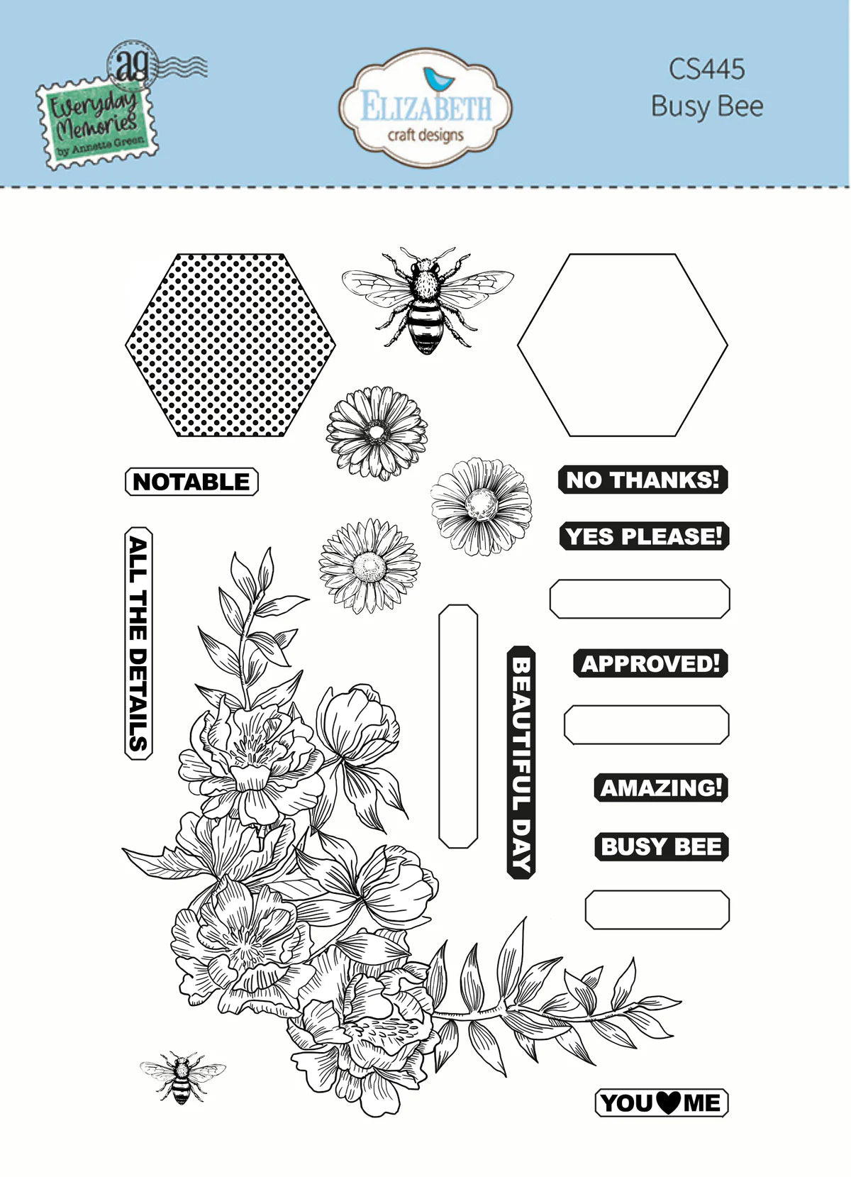 Elizabeth Craft Designs Everyday Memories Busy Bee Clear Stamp Set - 21 Stamps