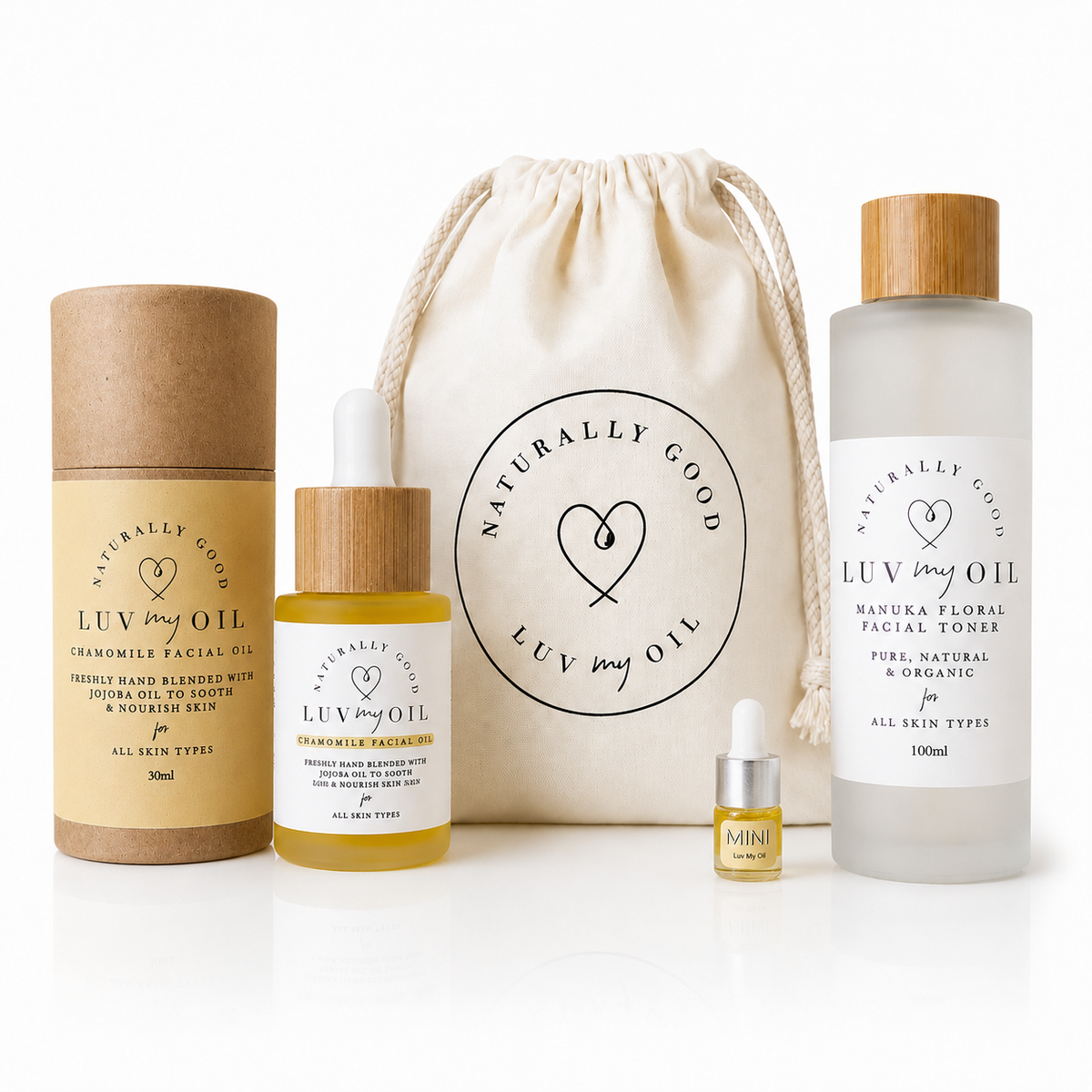 Luv My Oil Chamomile Facial Oil + Manuka Floral Toner with Toiletry Pouch & Free Surprise 5ml Oil Gift