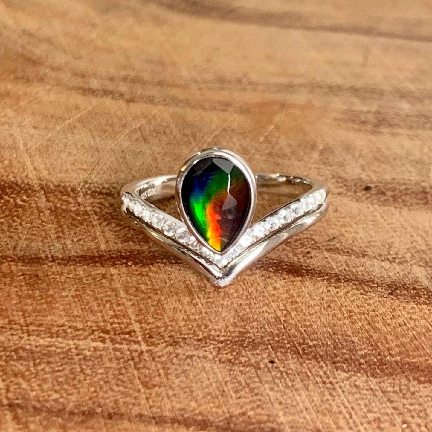 Canadian Ammolite Gems by Kenneth Bradley ‘Emma’ Pear Cut Ring in Rhodium Plated Sterling Silver