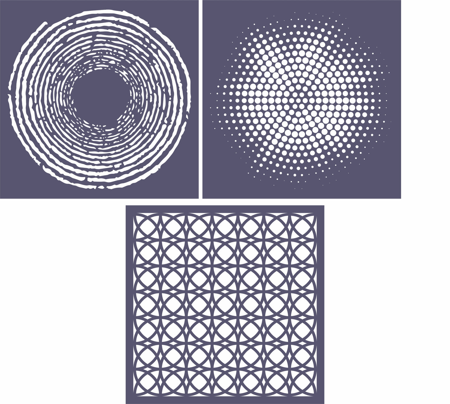Funky Fossil 8x8 Stencil Trio - Halftone Circle, Ever Decreasing Circles & Circle Lattice