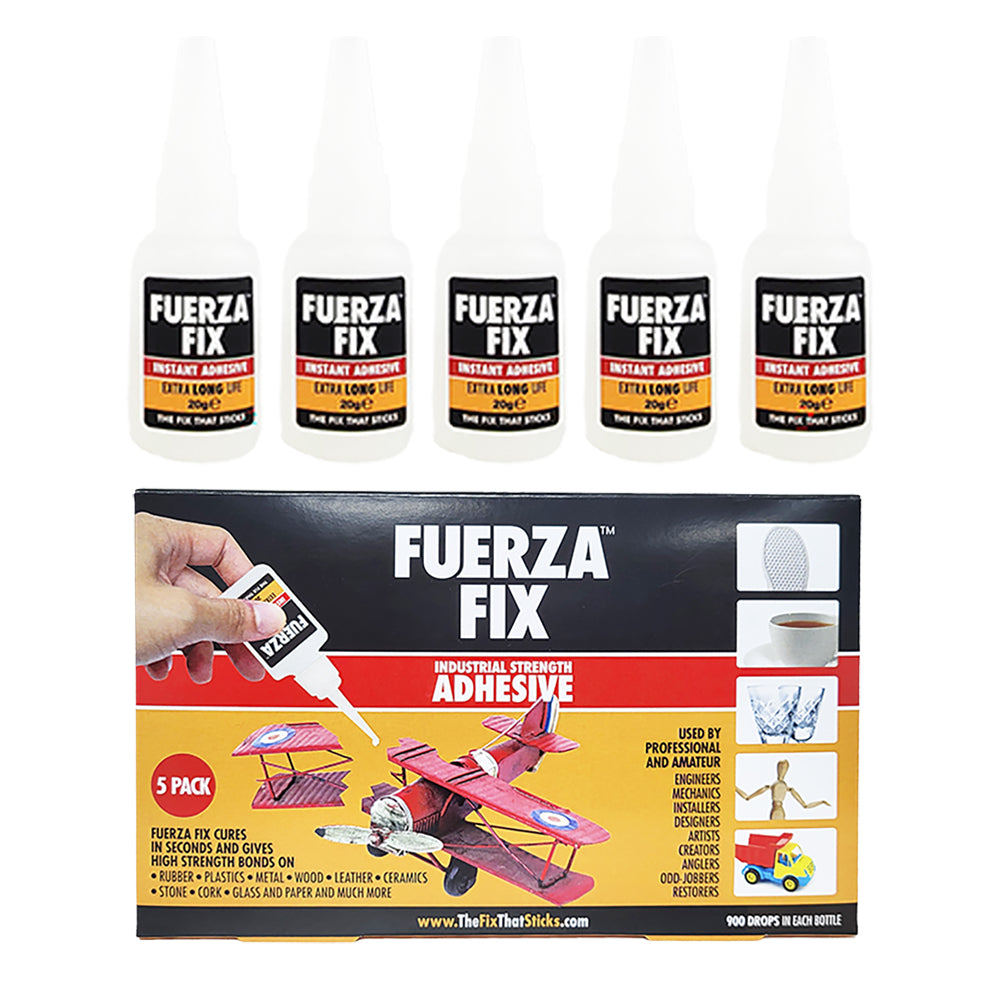Fuerza Fix adhesive packaging with 5 bottles on a white background