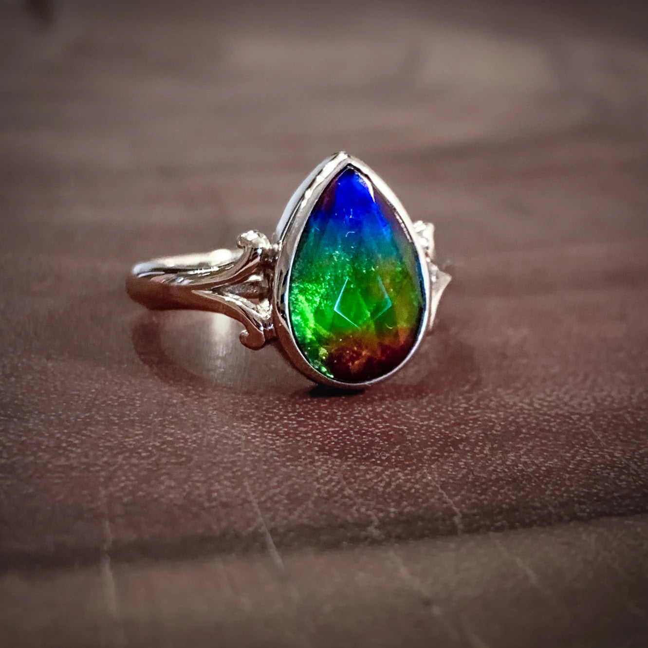 Canadian Ammolite Gems by Kenneth Bradley 'Jodi' Ring in Rhodium Plated Sterling Silver