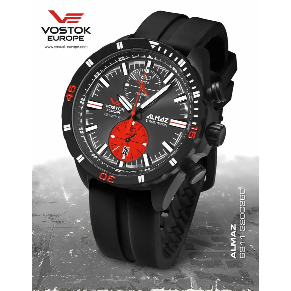 Vostok Europe Almaz 6S11-320C260 Chronograph Watch - Black Silicone Strap