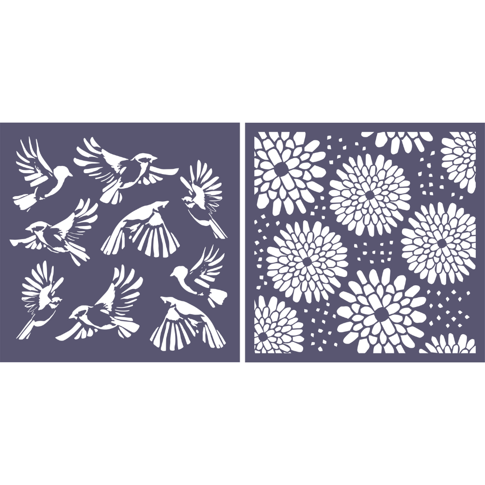 Funky Fossil Set of 2 8x8" Stencils - Brushstroke Birds and Bountiful