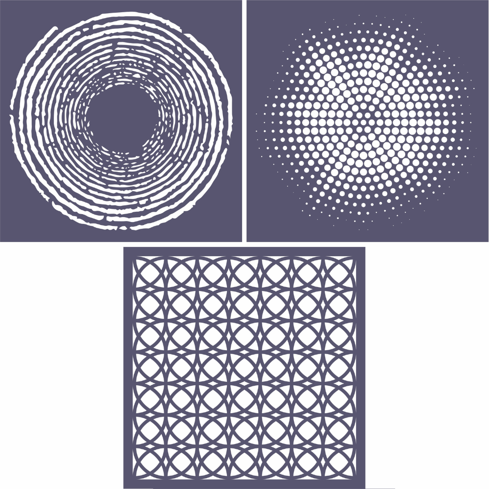 Funky Fossil 8x8 Stencil Trio - Halftone Circle, Ever Decreasing Circles & Circle Lattice