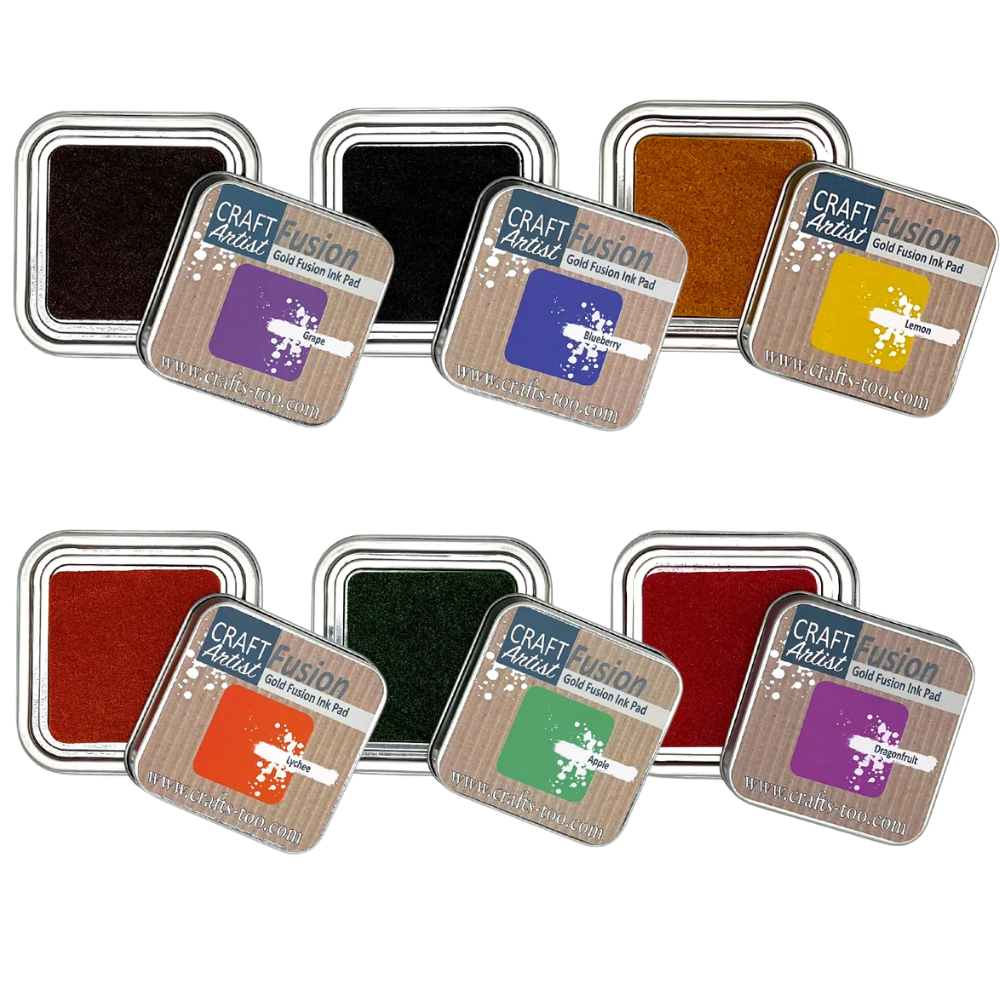 Craft Artist Gold Fusion Ink Pads - Brights Collection - Blueberry, Grape, Lemon, Lychee, Apple, Dragonfruit