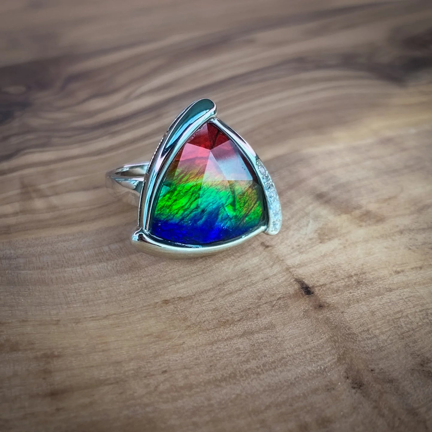 Canadian Ammolite Gems by Kenneth Bradley 'Marlo' Ring in Rhodium Plated Sterling Silver