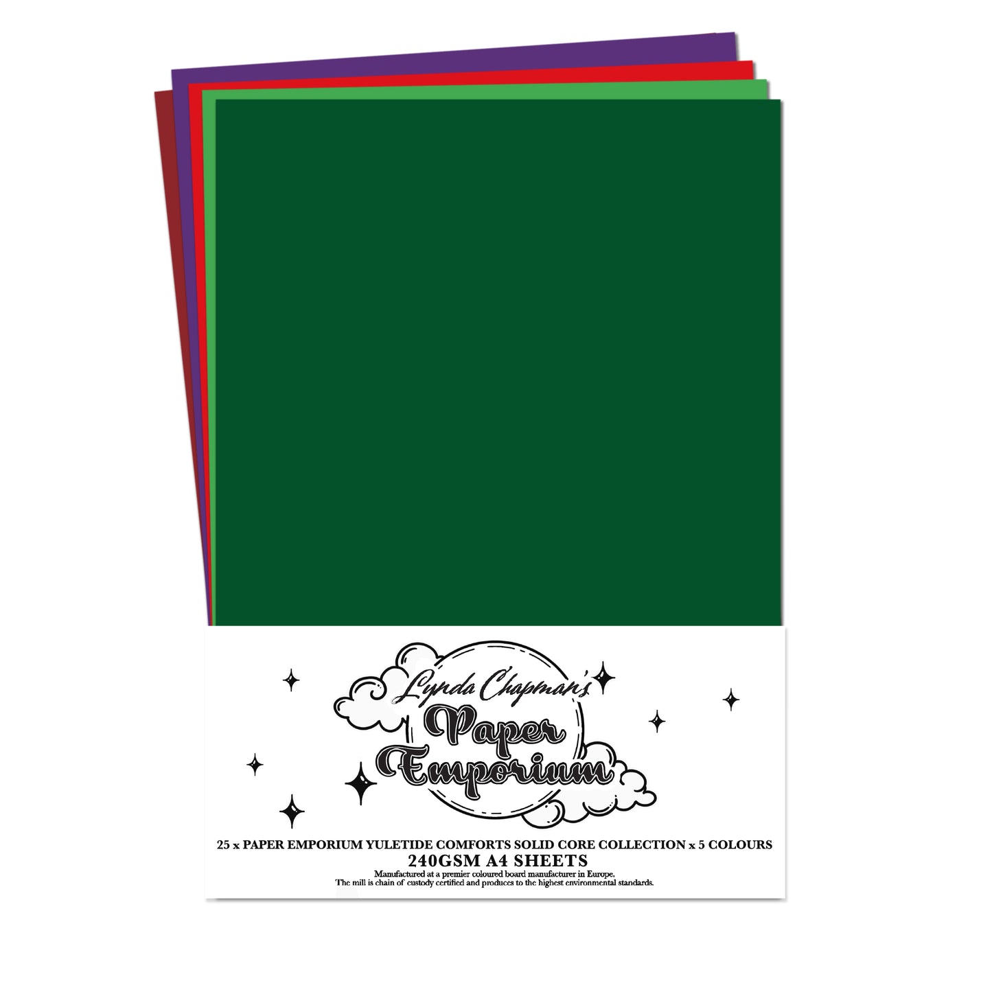 Lynda Chapman's Paper Emporium Yuletide Comforts Collection 25 x A4 Solid Core Sheets 240gsm 5 colours