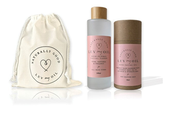 Luv My Oil 30ml Rose Facial Oil, 100ml Floral Toner and Toiletry Pouch