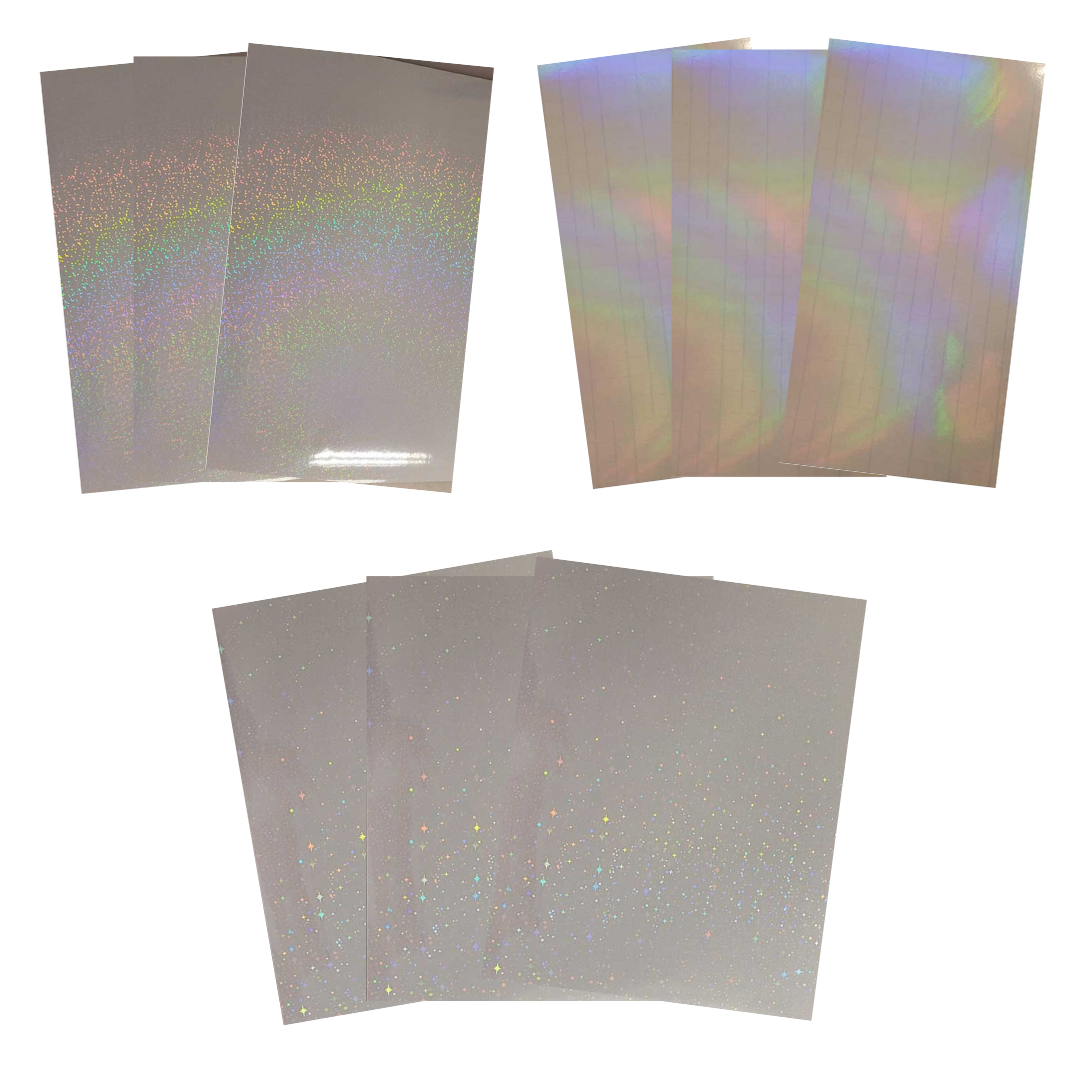 Stamp Addicts A4 Holographic Overlay sheets - 3 x Confetti, 3 x Stars, 3 x Rainbow