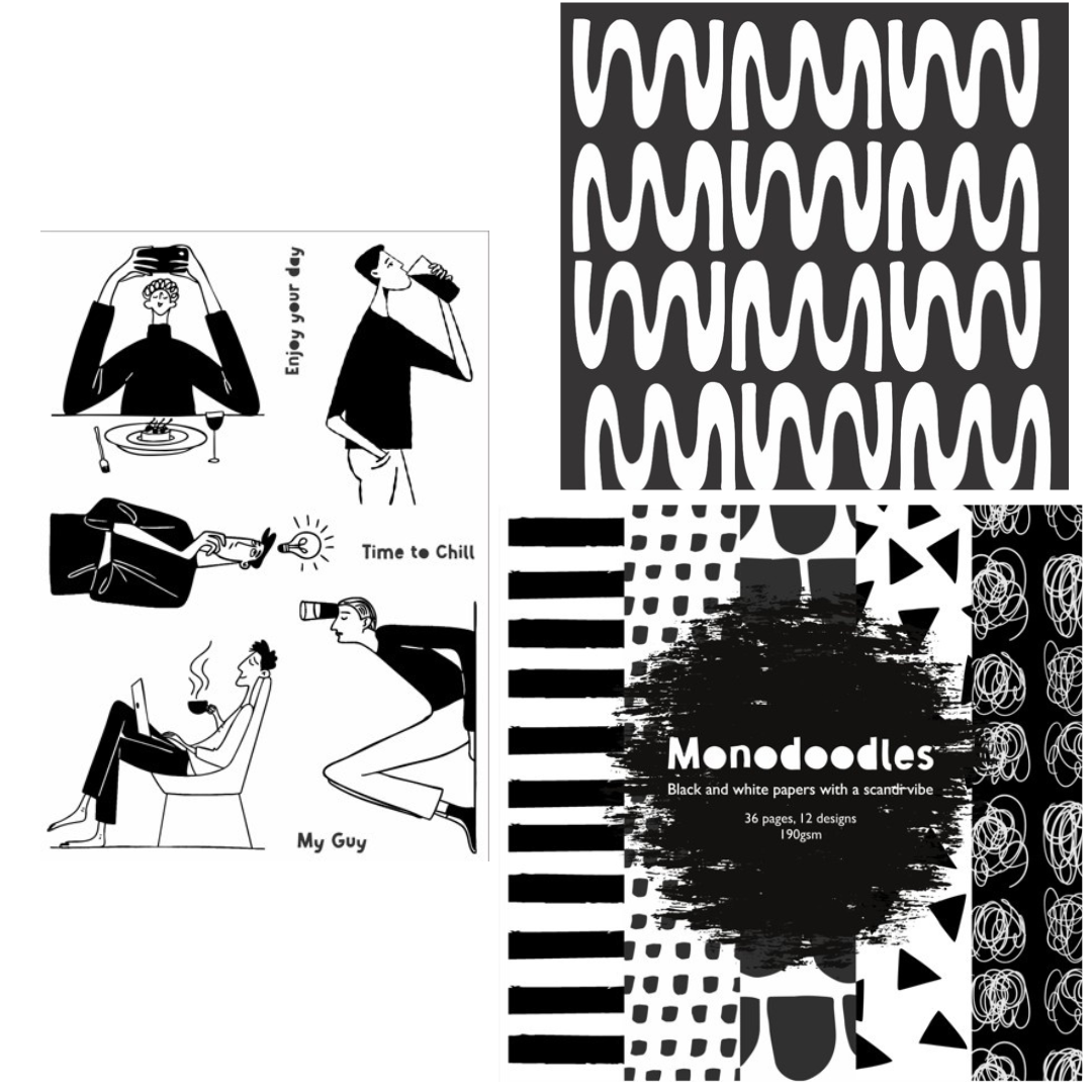 Funky Fossil A5 My Guy Stamp Set, Monodoodles 8x8 Paper Pad & Retro Squiggles 8x8 Stencil