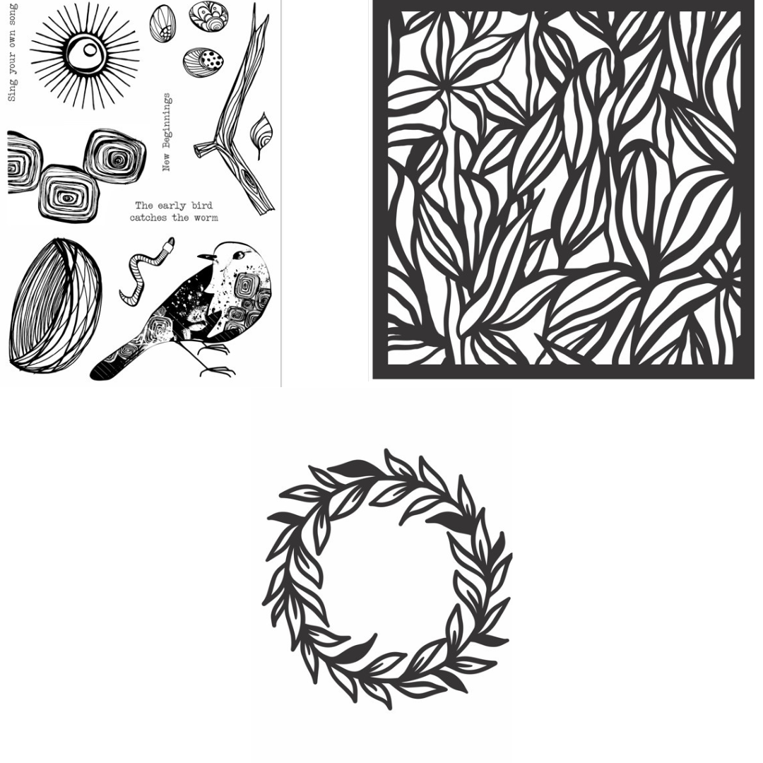 Funky Fossil A5 New Beginnings Stamp Set, Leafy Wreath Die & Verdant 8x8 Stencil