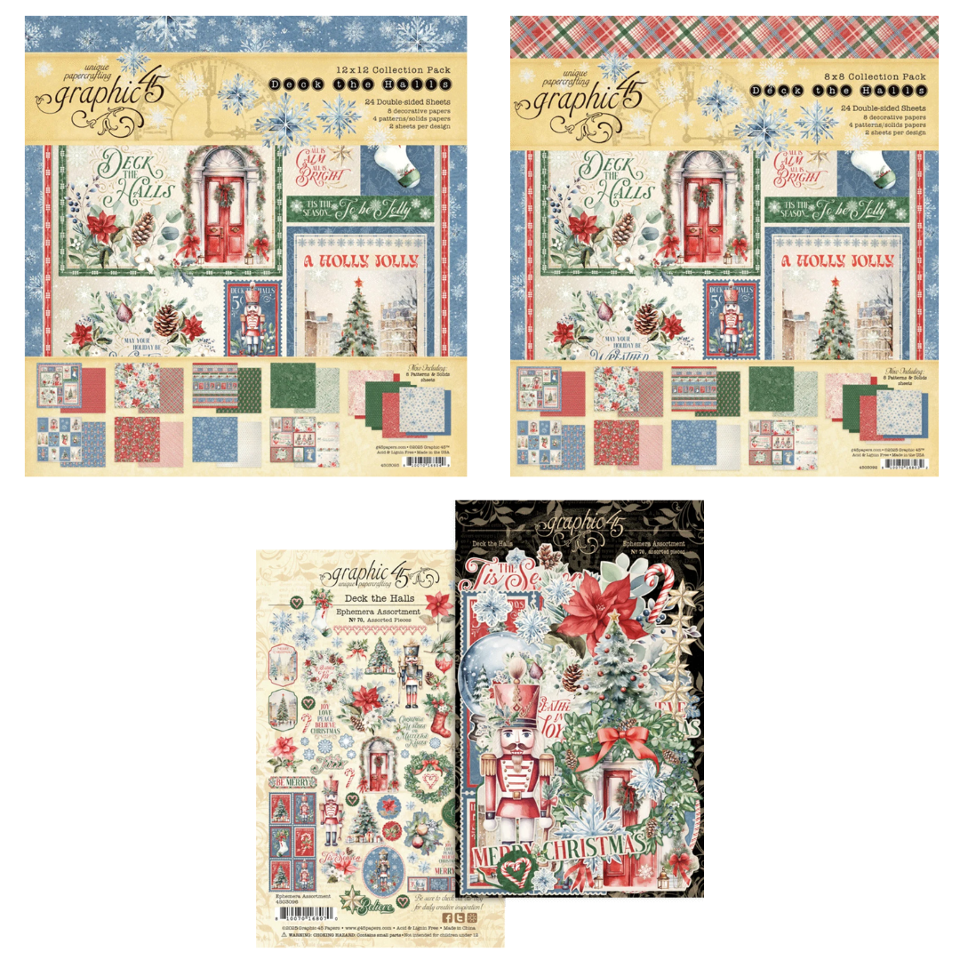 Graphic 45 Deck the Halls 12"x12" & 8"x8" Collection Packs & Ephemera Set