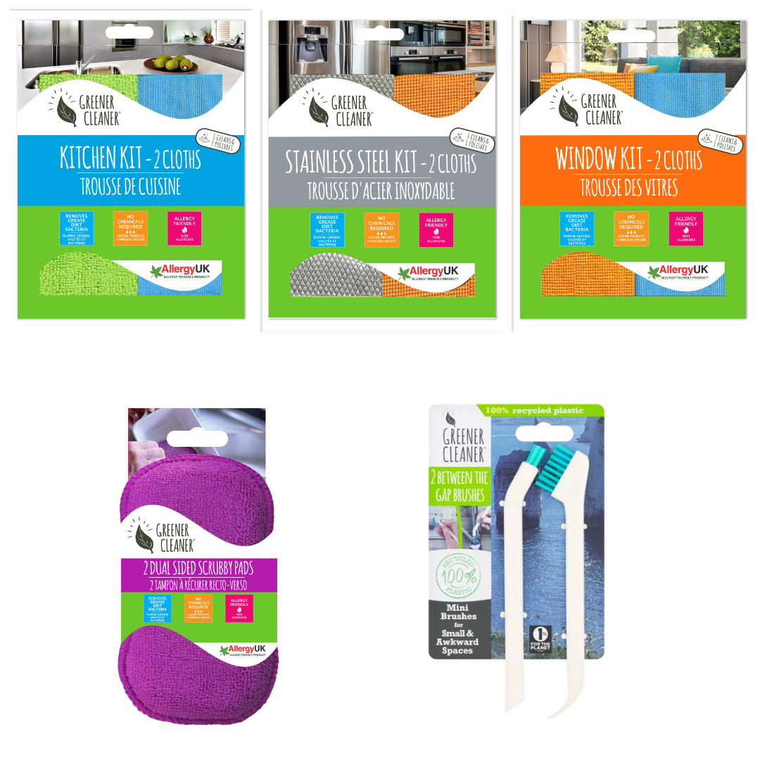 Greener Cleaner Cleaning Cloth Bundle - Kitchen Kit, Stainless Steel Kit, Window kit, 2 x Scrubbies & Free Between the Gaps Brushes