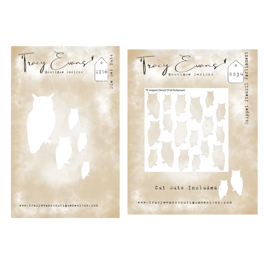 Tracy Evans Owl Die Set & Parliament Snippet Stencil