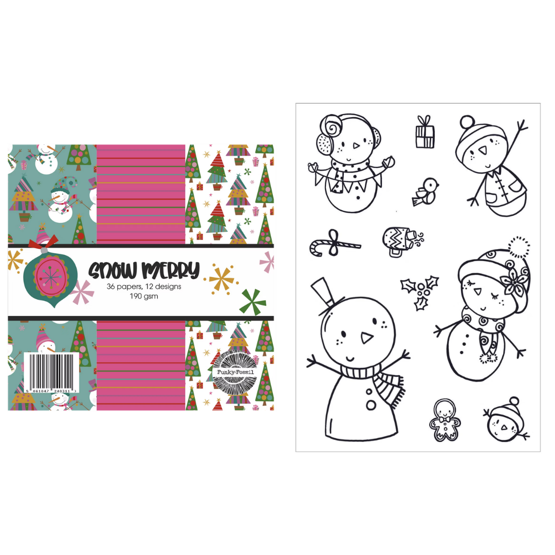 Funky Fossil Snow Folk A6 Stamp Set & 6x6 Snow Merry Paper Pad
