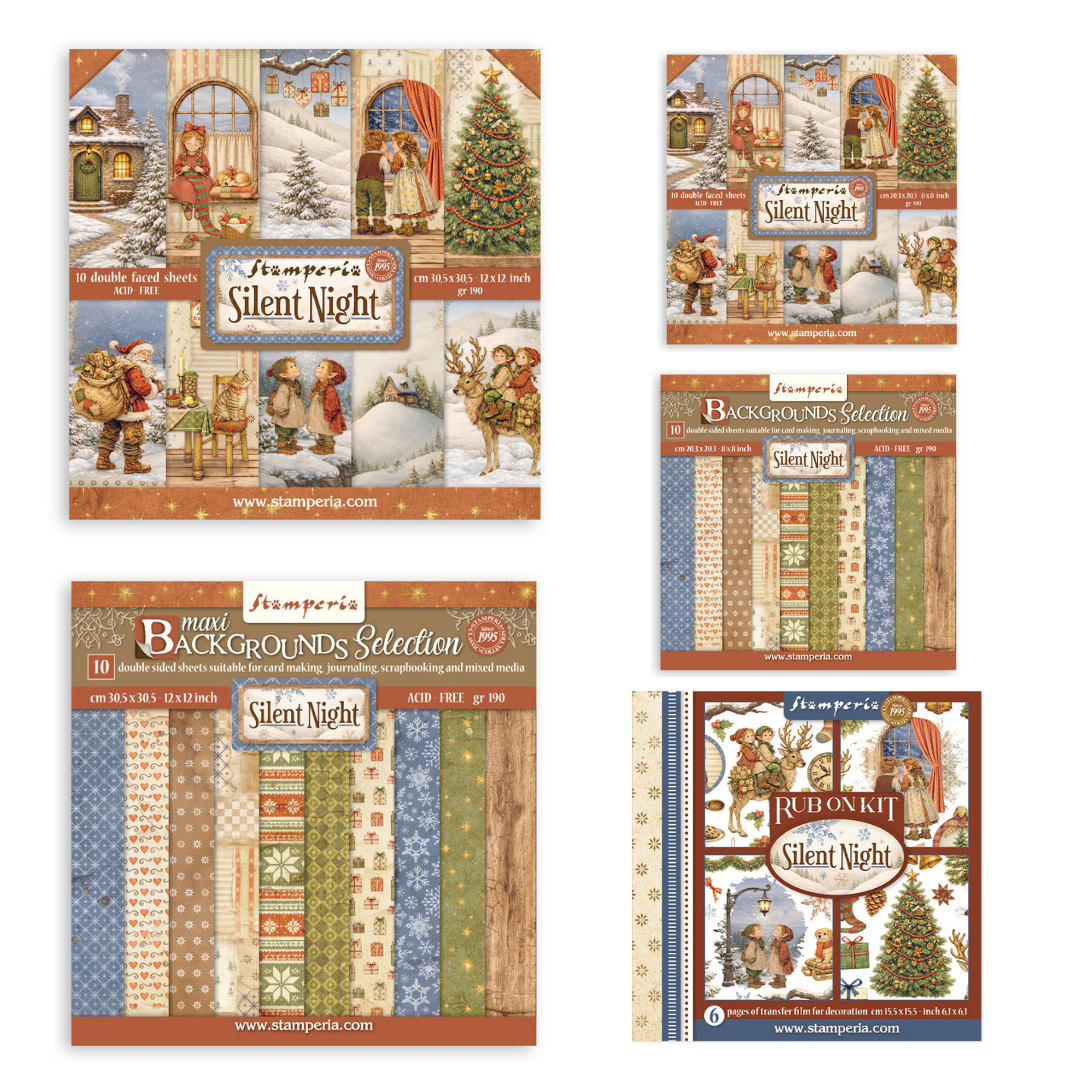 Stamperia Silent Night 12x12" & 8x8" Paper Packs, 12x12" & 8x8" Backgrounds Paper Pack & Rub-Ons