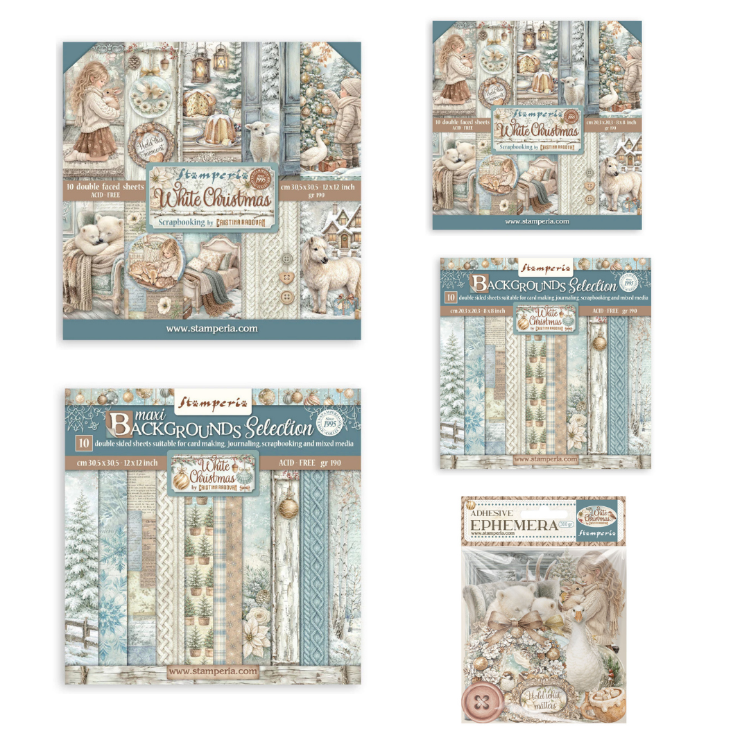 Stamperia White Christmas 12x12 & 8x8 Paper Packs, 12x12 & 8x8 Backgrounds Paper Pack & Ephemera