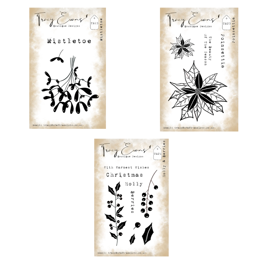 Tracy Evans Mistletoe, Poinsettia, Holly & Berries A7 Stamp Sets