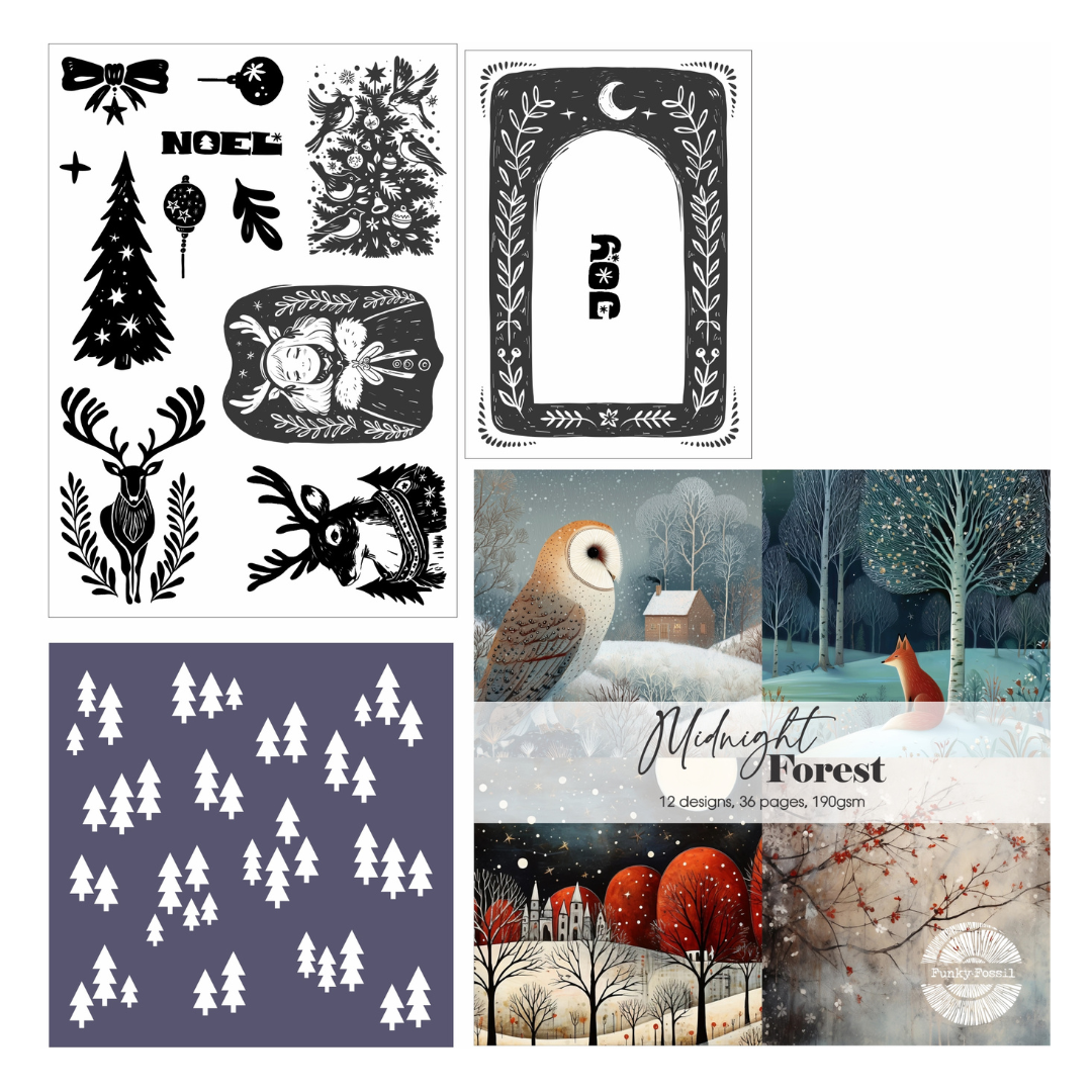 Funky Fossil Midnight Forest Festive Collection - 8x8 paper pad, A5 Stamps, A6 stamp & 6x6 Amongst the Trees Stencil