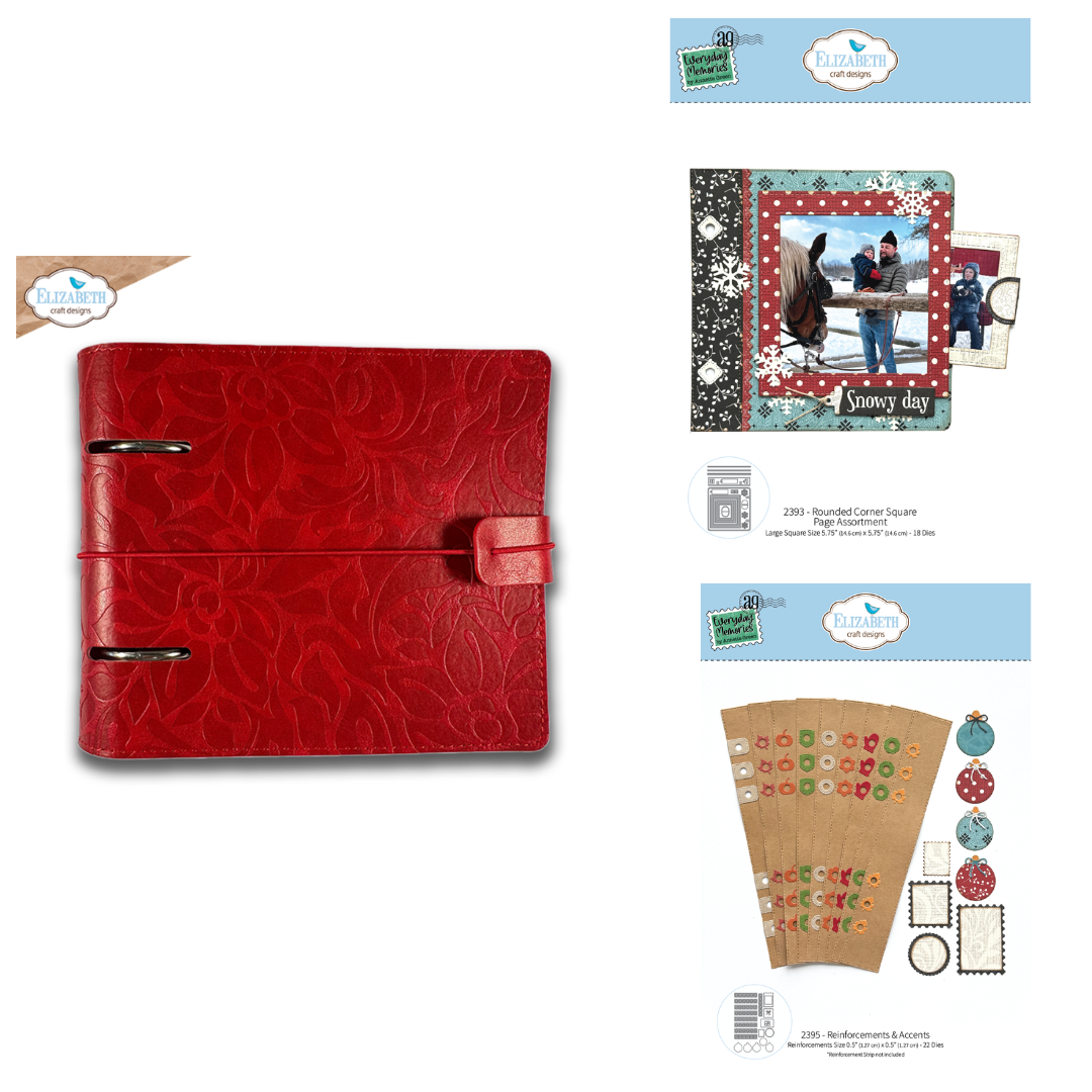 Elizabeth Craft Designs Festive Red Embossed Square Memory Binder, Rounded Corner Square Page Assortment & Reinforcements & Accents Die Sets