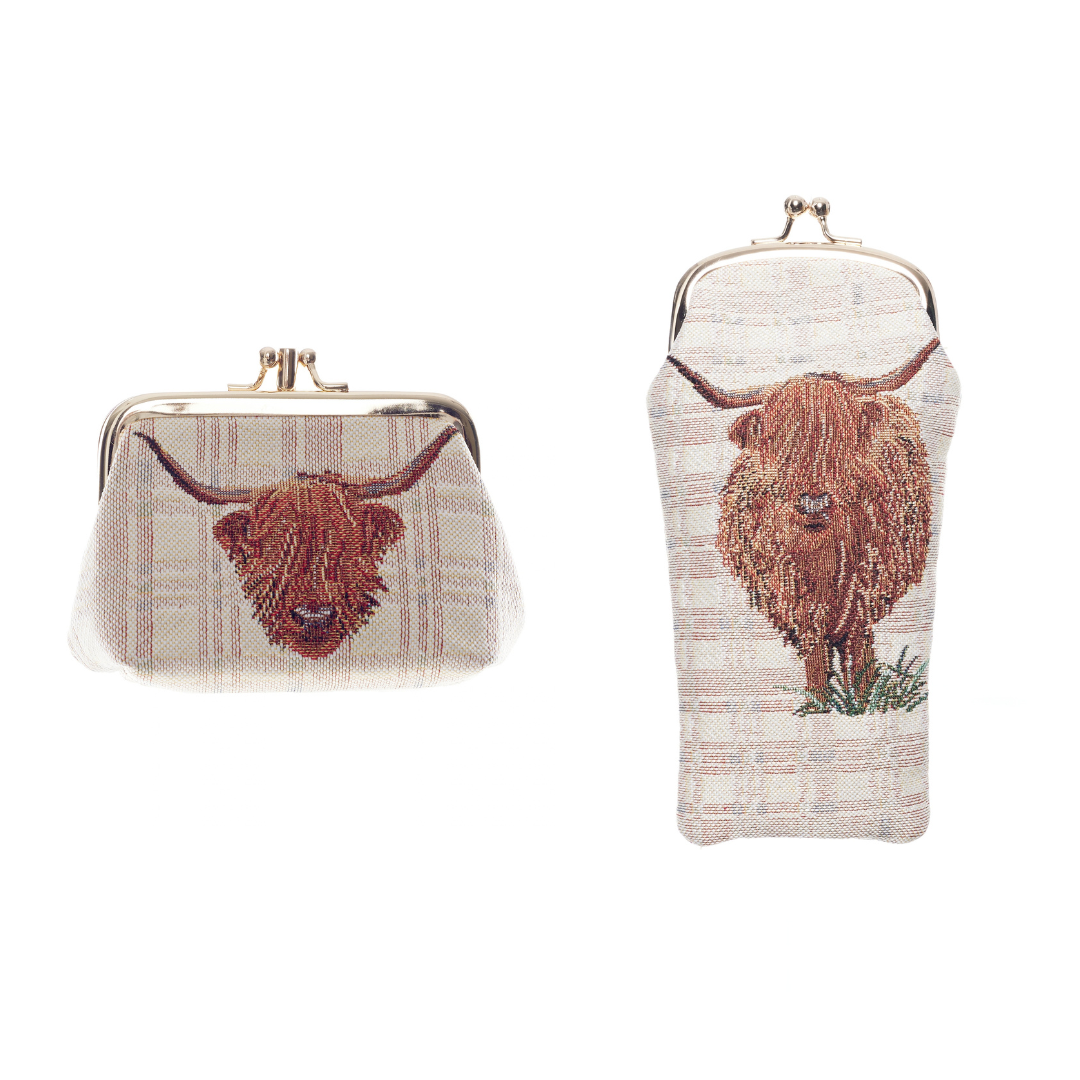 Signare Tapestry Highland Cow Frame Purse & Glasses Pouch