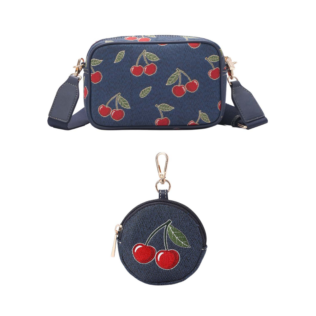 Signare London Camera Bag with Bubble Purse Cherry Design in Blue