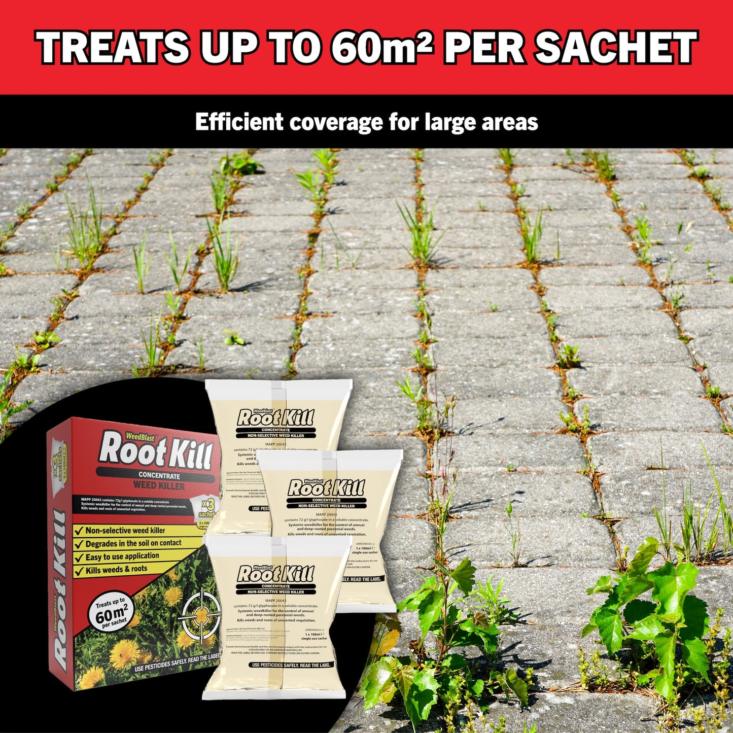Weedblast Rootkill Glyphosate 72g/L 3 x 100ml Concentrate Sachets with 5L OneChem Pump Sprayer