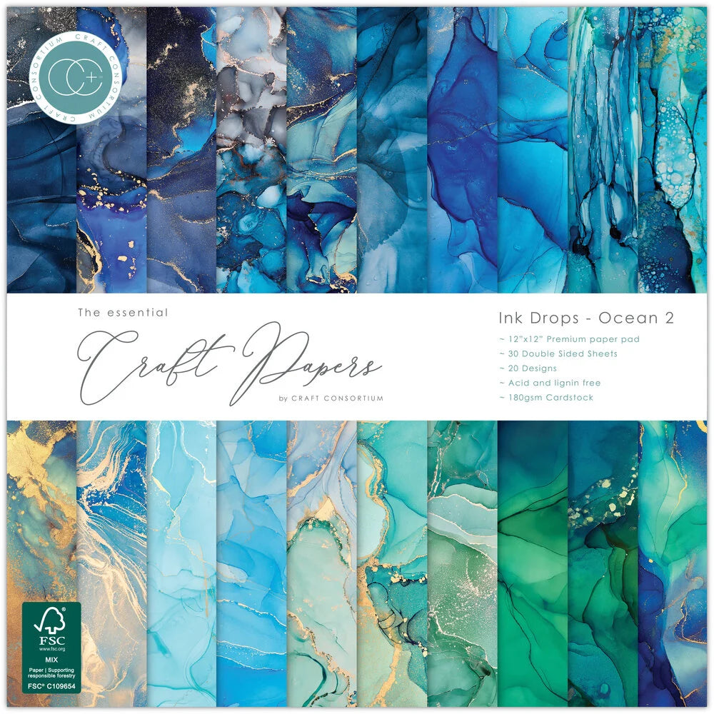 Craft Consortium Essential Craft Papers 12x12 Inch Paper Pad Ink Drops Ocean 2