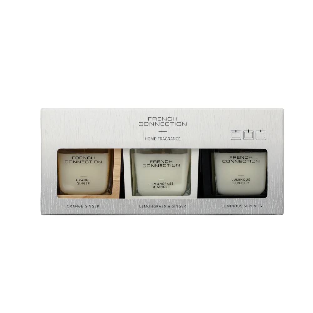 French Connection Wooden Surround Detail Trio of Candles Gift Set 3 x 55g