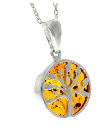 925 Sterling Silver & Genuine Baltic Amber Tree of Life Pendant