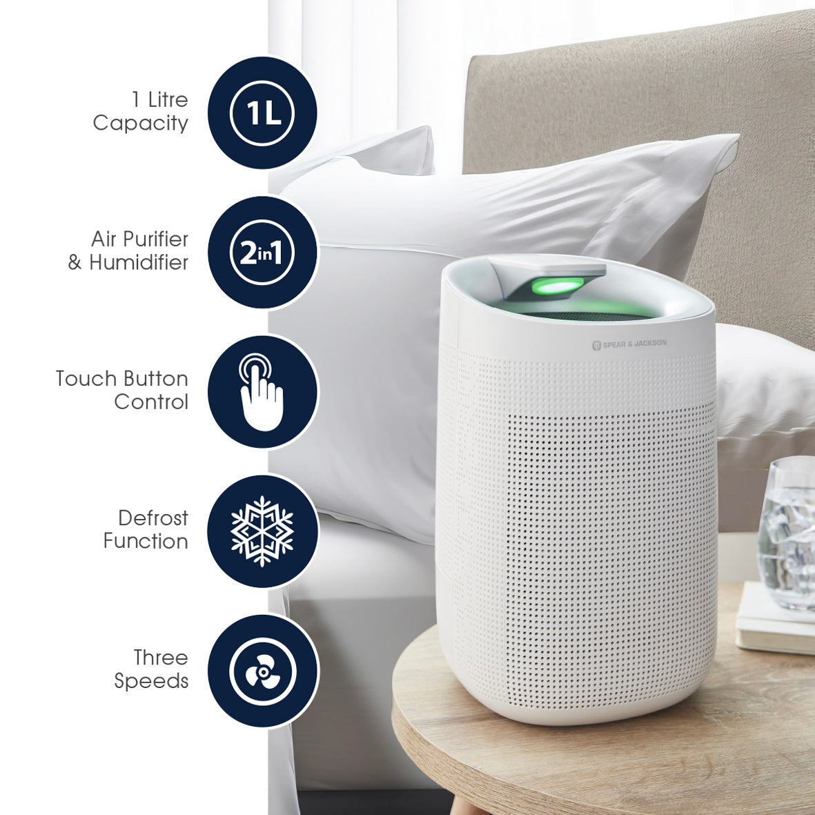 Spear & Jackson 48845 2 in 1 Air Purifier and Dehumidifier with HEPA Filter, 3 Speeds & Touch Screen Display