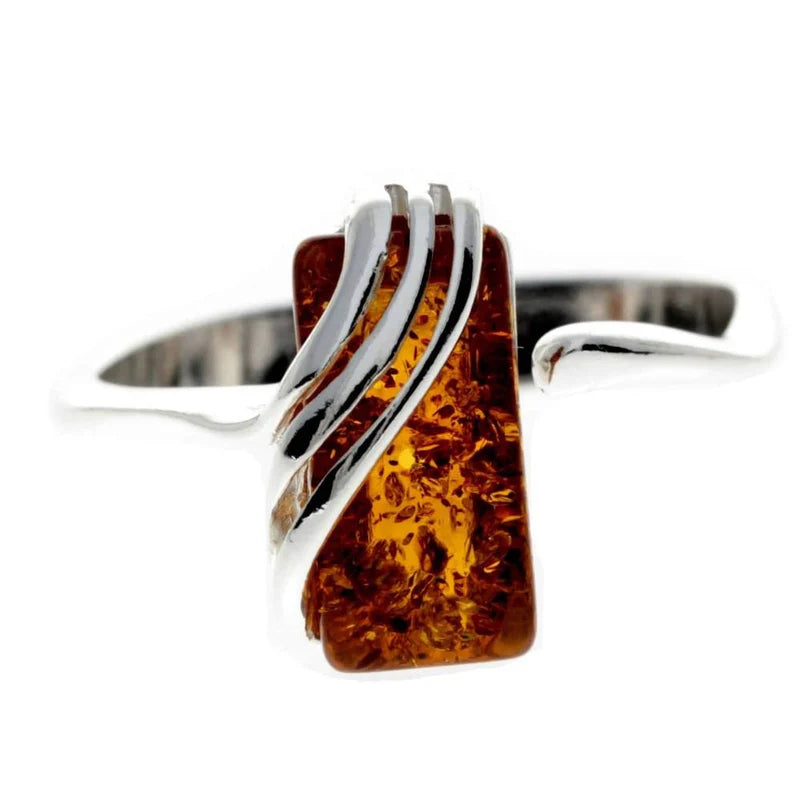 925 Sterling Silver & Genuine Baltic Amber Rectangular Modern Adjustable Ring