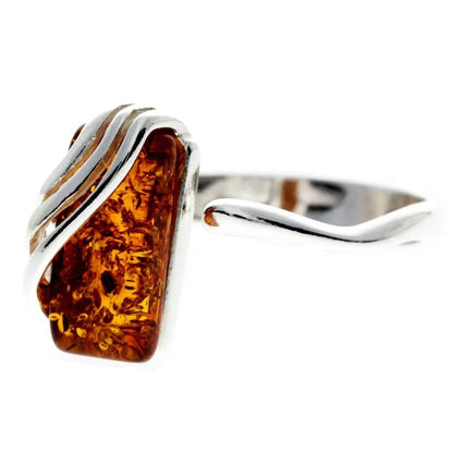 925 Sterling Silver & Genuine Baltic Amber Rectangular Modern Adjustable Ring