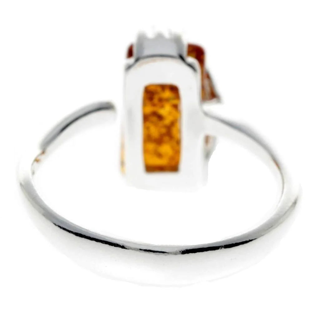 925 Sterling Silver & Genuine Baltic Amber Rectangular Modern Adjustable Ring