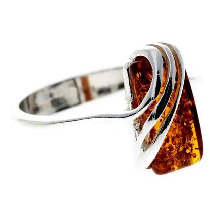 925 Sterling Silver & Genuine Baltic Amber Rectangular Modern Adjustable Ring
