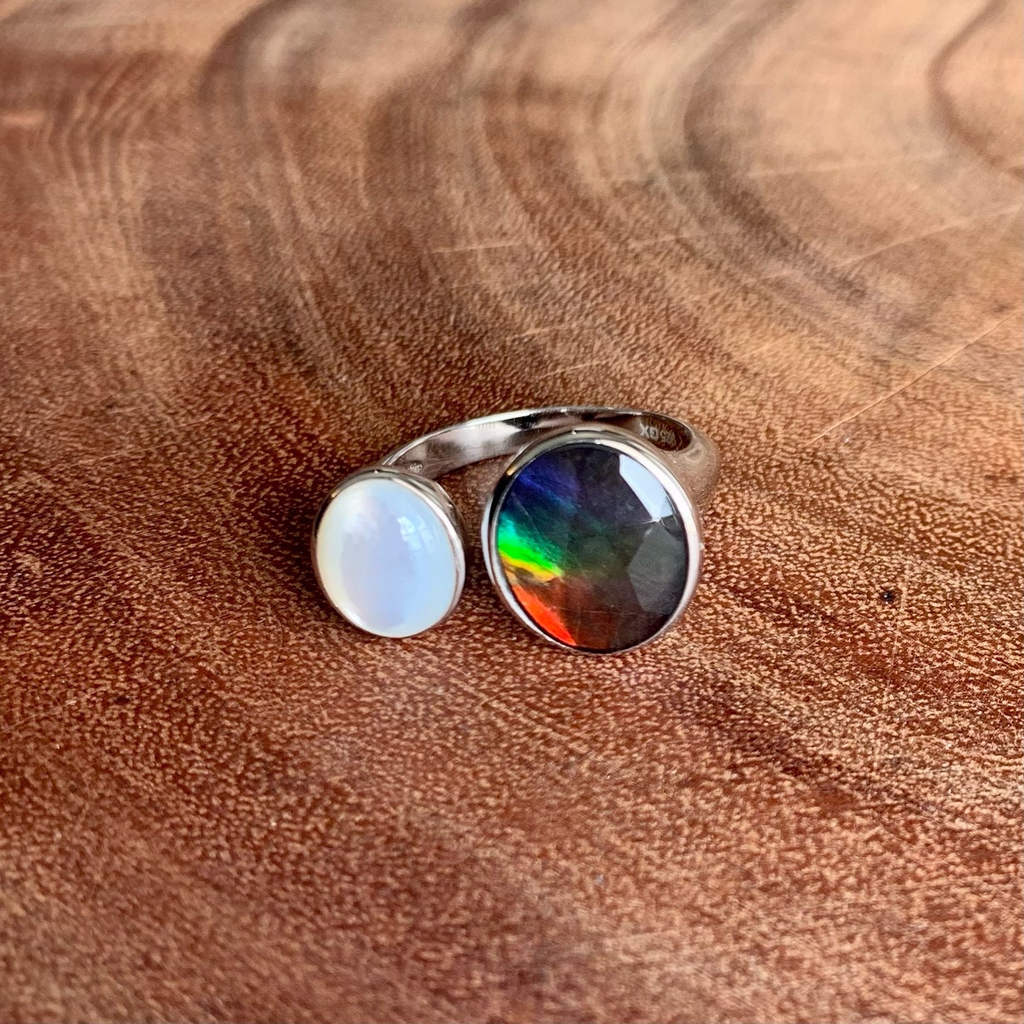 Canadian Ammolite Gems by Kenneth Bradley 'Amelia' Ring with Mother of Pearl Accent in Rhodium Plated Sterling Silver
