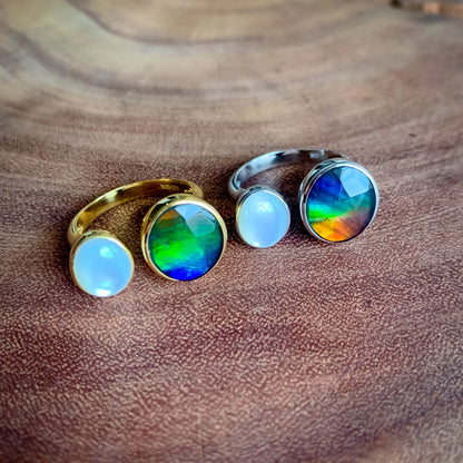 Canadian Ammolite Gems by Kenneth Bradley 'Amelia' Ring with Mother of Pearl Accent in 14k Yellow Gold