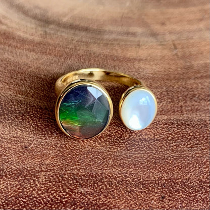 Canadian Ammolite Gems by Kenneth Bradley 'Amelia' Ring with Mother of Pearl Accent in 14k Yellow Gold