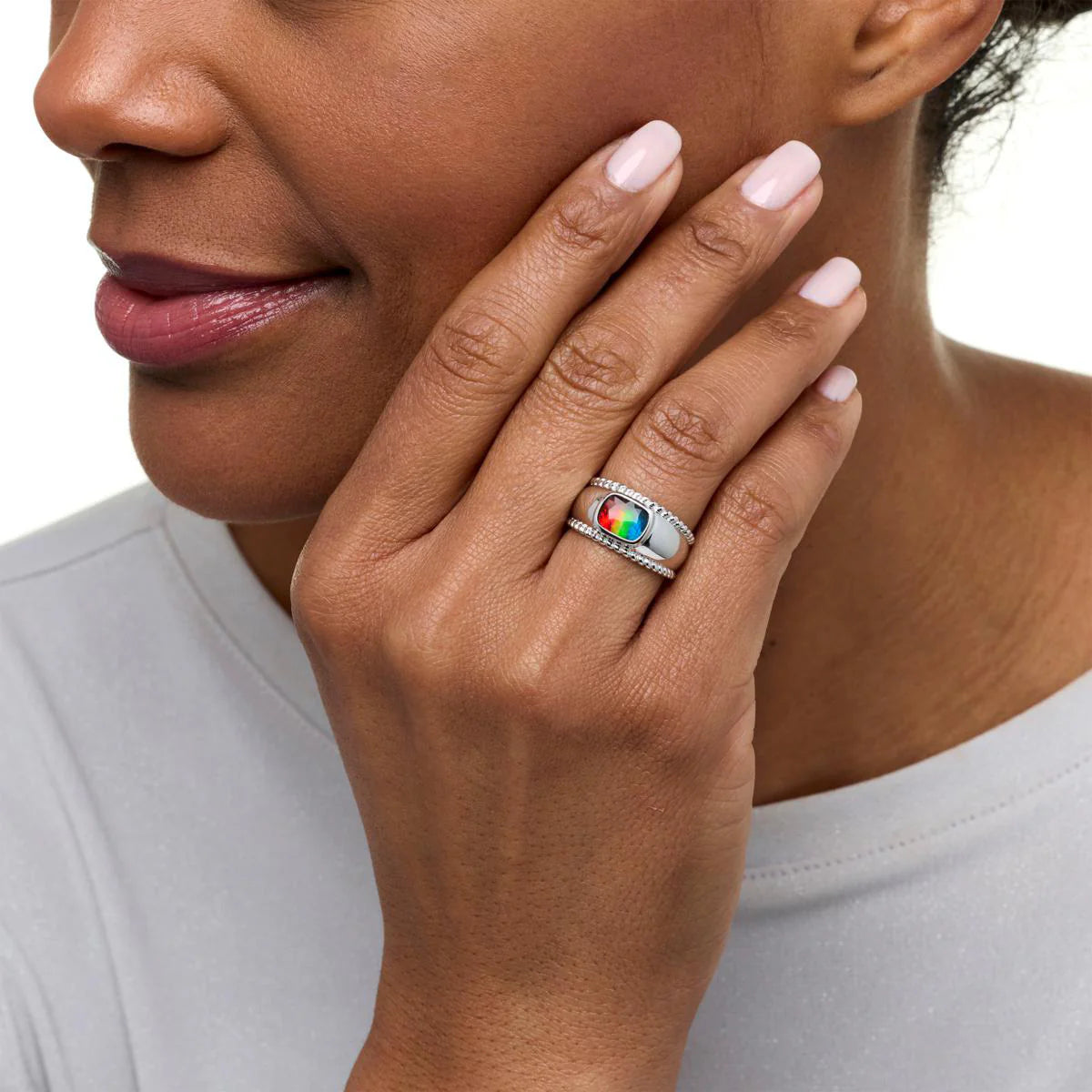 Canadian Ammolite Gems by Kenneth Bradley 'Ariana' Ring in Rhodium Plated Sterling Silver