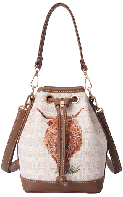 Signare Tapestry Highland Cow Bucket Bag with Zip Glasses Case