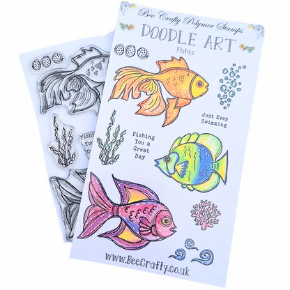 Bee Crafty 2 x A6 Doodle Art Stamps - Fishes & Seahorse