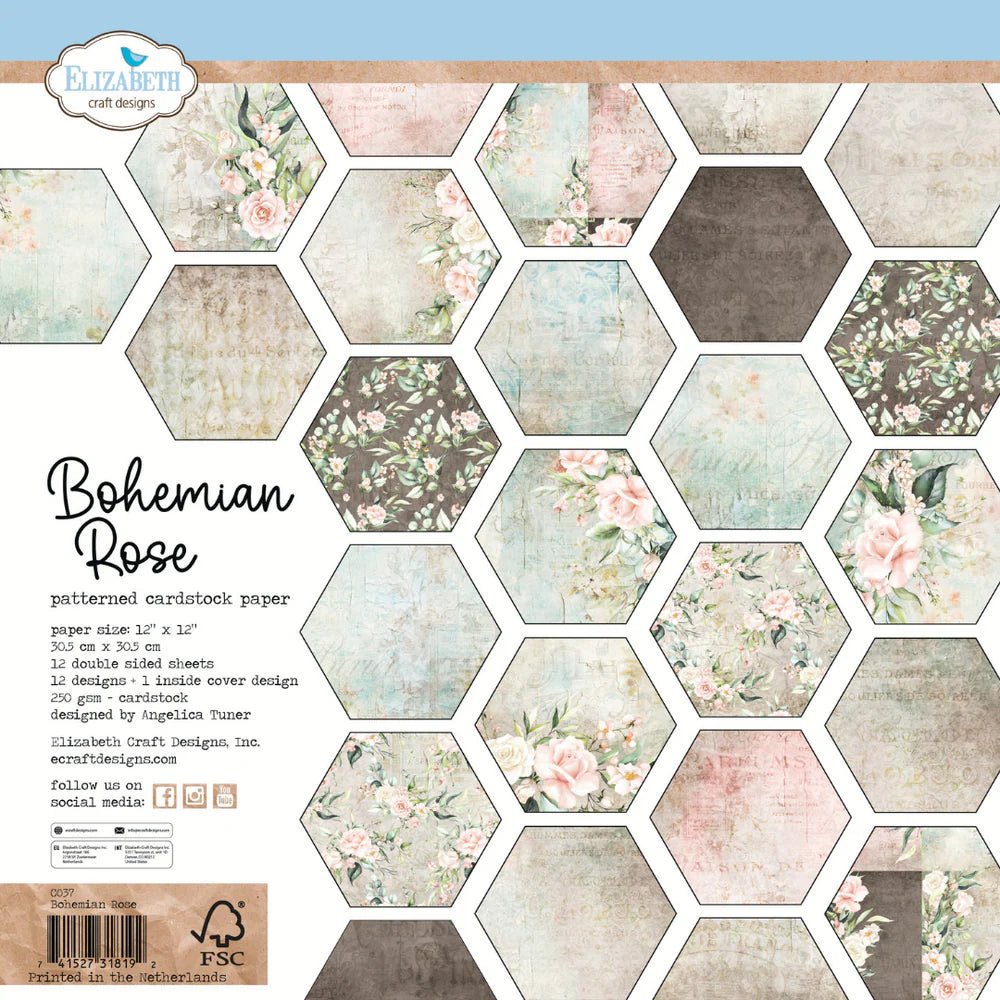 Elizabeth Craft 12" x 12" Bohemian Rose Double-Sided Patterned Papers - 12 Sheets - 250gsm