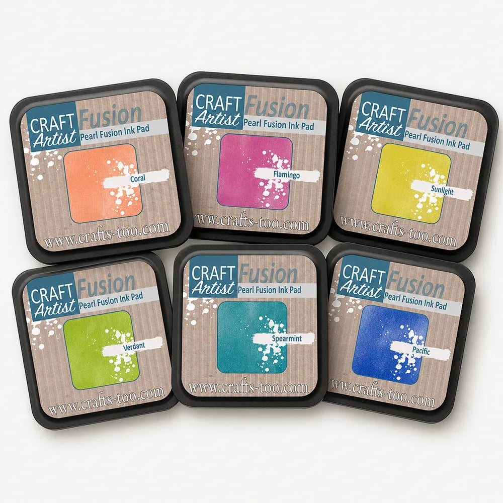 Craft Artist Set of All 6 Pearl Fusion Ink Pads - Coral, Flamingo, Sunlight, Verdant, Spearmint, Pacific