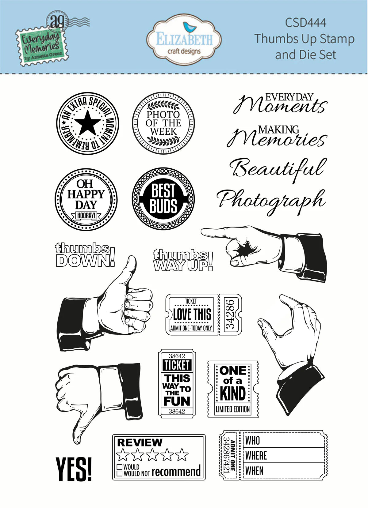 Elizabeth Craft Designs Everyday Memories Everyday Thumbs Up Stamp & Die Set - 20 Stamps & 4 Dies