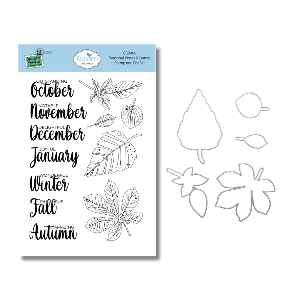 Elizabeth Craft Designs Seasonal Words & Leaves Stamp & Die Set - 5 Dies & 12 Stamps