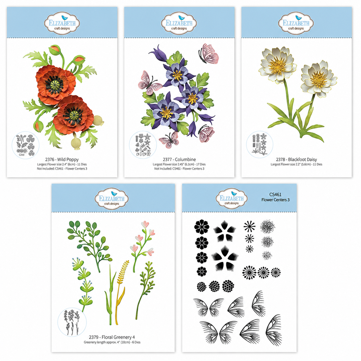 Elizabeth Craft Designs Bloom Wildly, Wild Poppy, Columbine, Blackfoot Daisy & Floral Greenery Die Sets plus 'Flower Centres 3' Stamp Set
